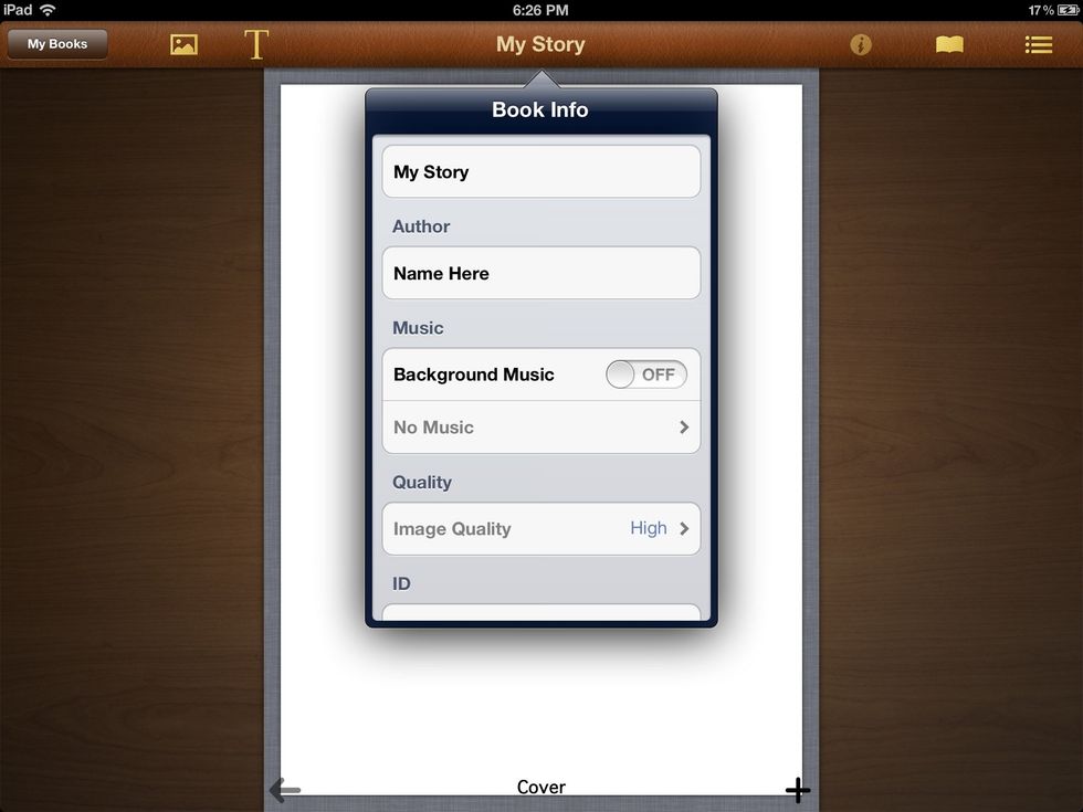 Clicking on "My Story" opens a "Book Options" dialog box where the name of the story can be changed, author changed, add music, and change photo resolution. The music will play when viewing the book.