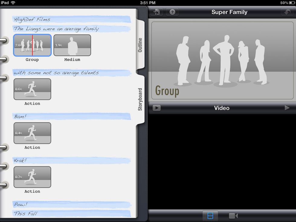 Clicking on the storyboard tab, allows for adding of videos and changing text (if needed).