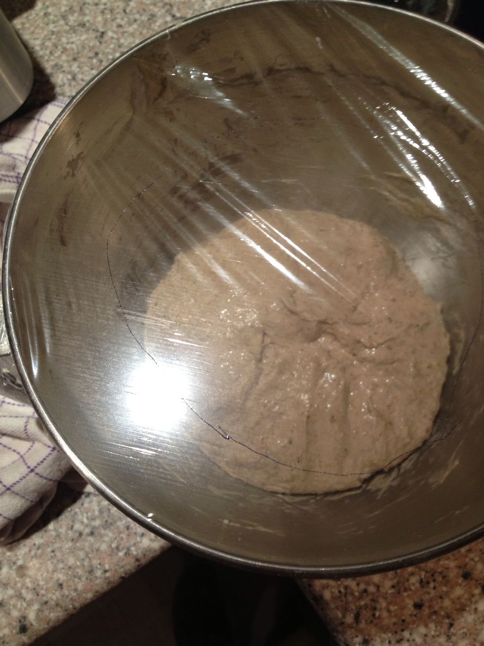 Cling film and a felt-tip-pen. I simply draw a line on the cling film, so I can see when it have doubled in size. I have tilted my bowl a bit so you can see the line. Hope you can use this tip