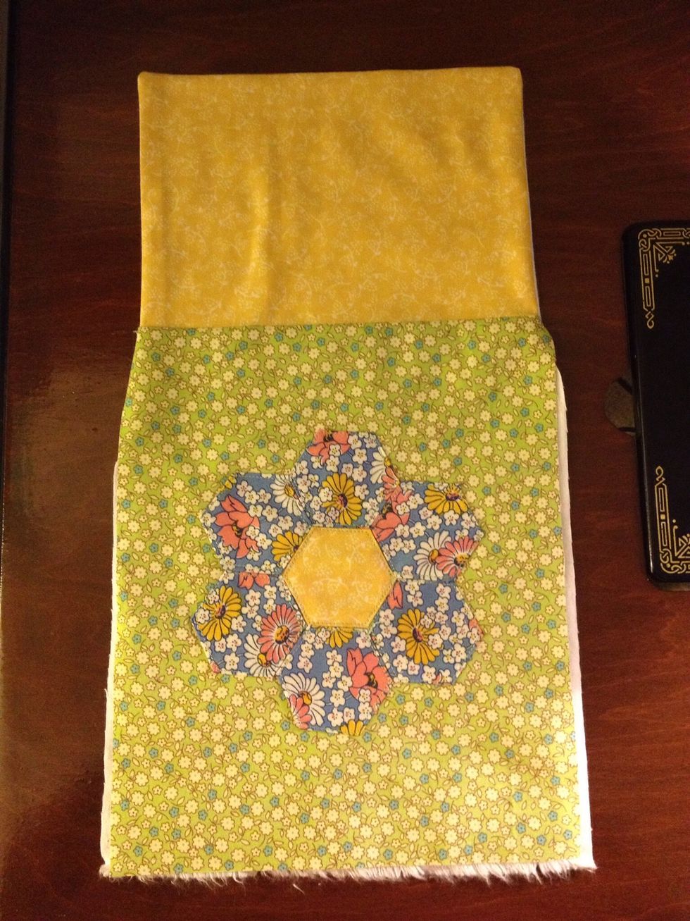 Clip the corners, turn and press the flap. You should have a piece that looks like this, with the top and sides of the flap sewn and the rest open.