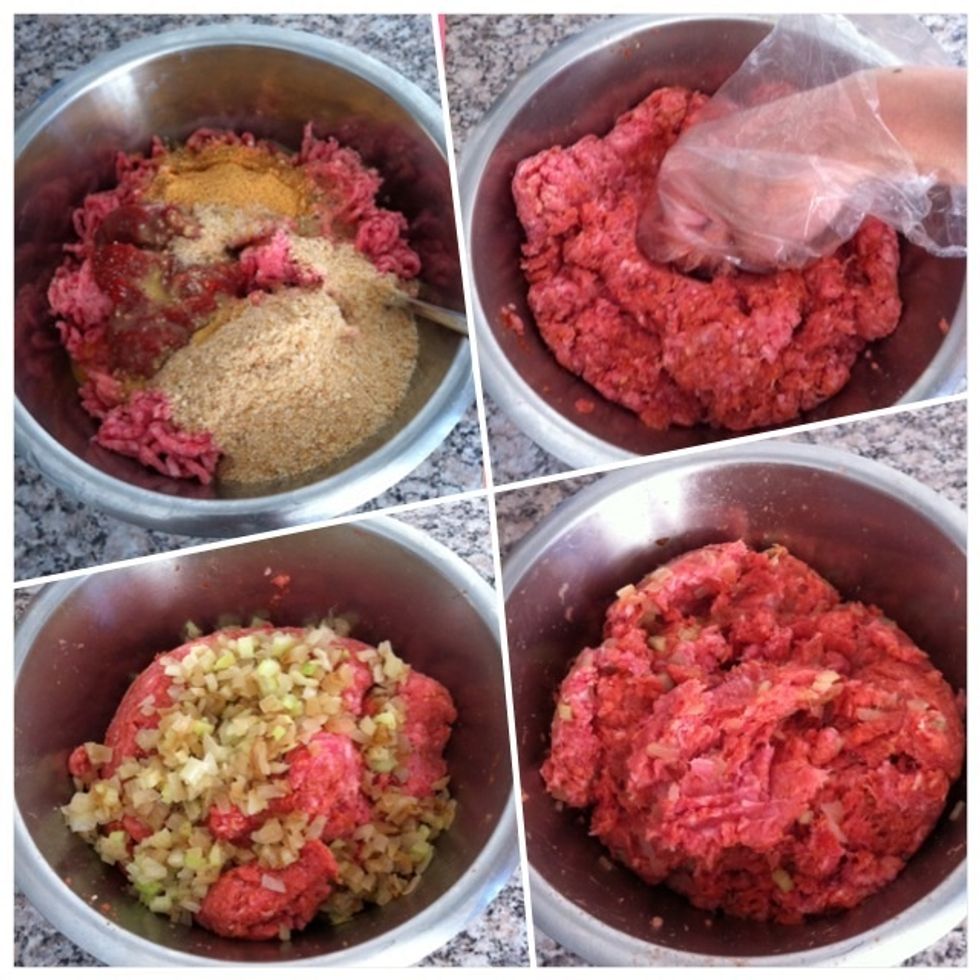 (clockwise) 1) add tomato paste + herbs for minced meat + bread crumbs + whisked egg + pepper to the minced meat; 2) knead everything well together; 3) add celery + onions; 4) knead everything well