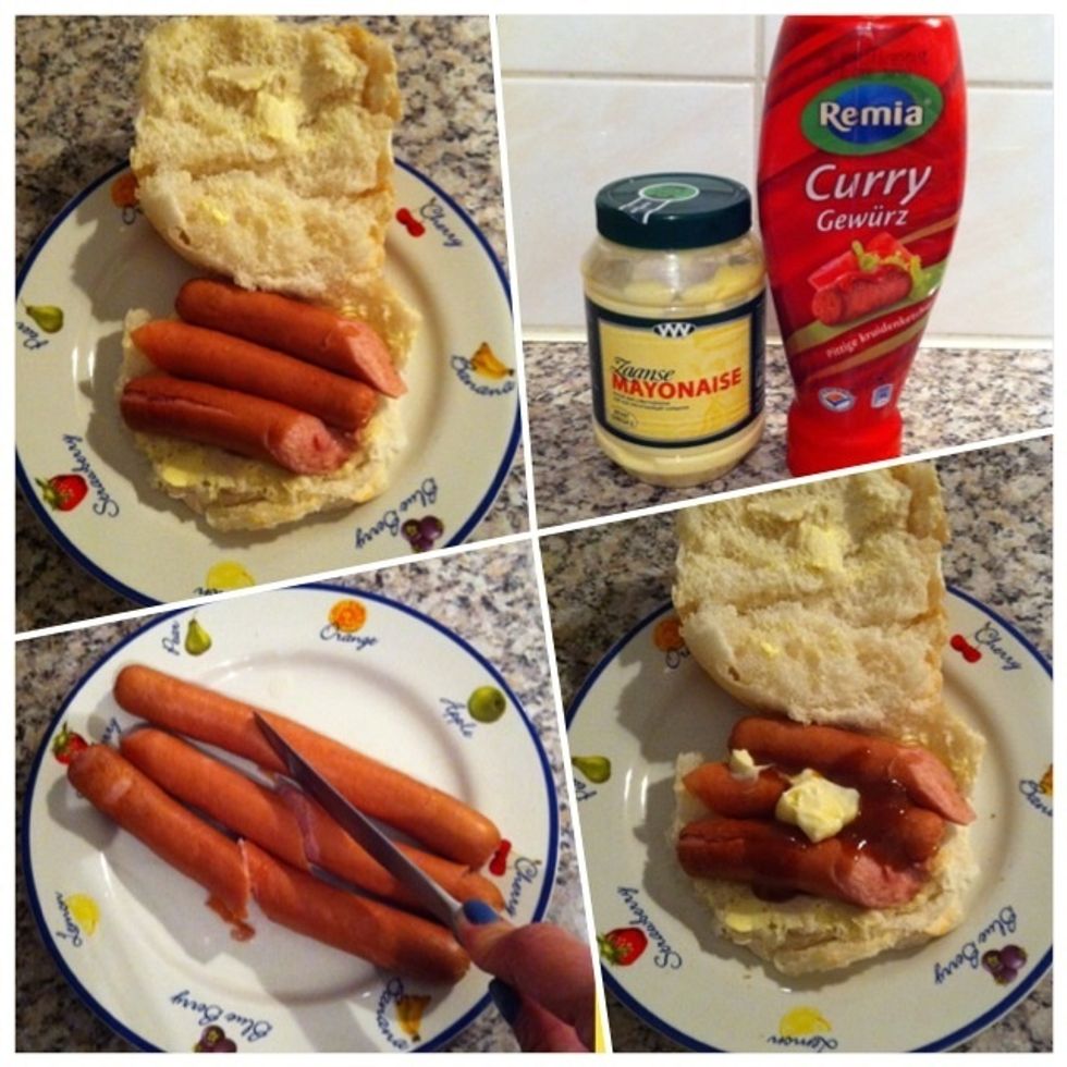 (clockwise) 1) cut sausages into half; 2) put 3 half sausages on each bun; 3) gather your sauces; 4) and put it on the bun