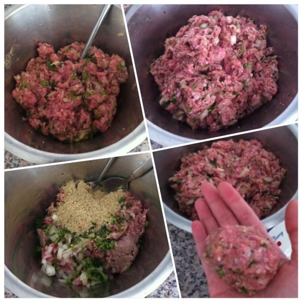 (clockwise) add onions, herbs, parsley and pepper; mix well together; it should look like this; make 'meat balls' like this