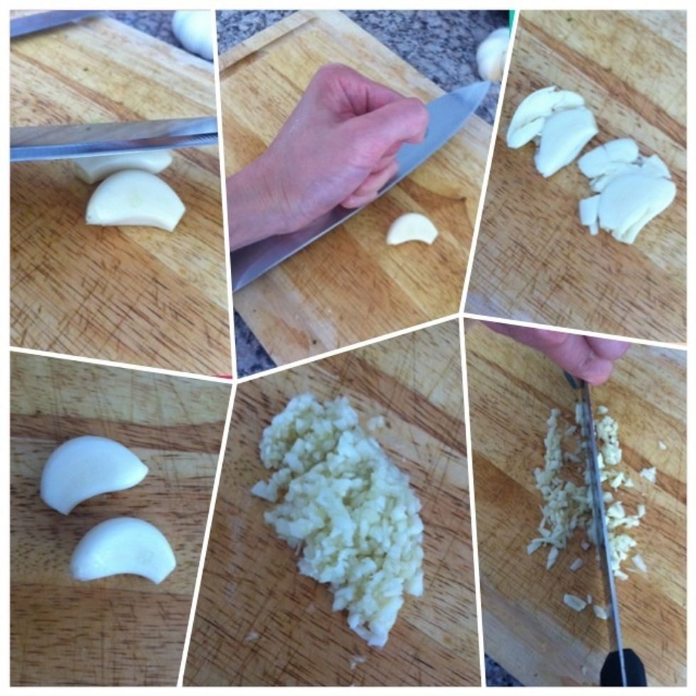 (clockwise) two cloves of garlic; lay down the knife on the garlic; hit the knife on the garlic a few times; now you have smashed garlic :); chop garlic into fine pieces; it should look like this