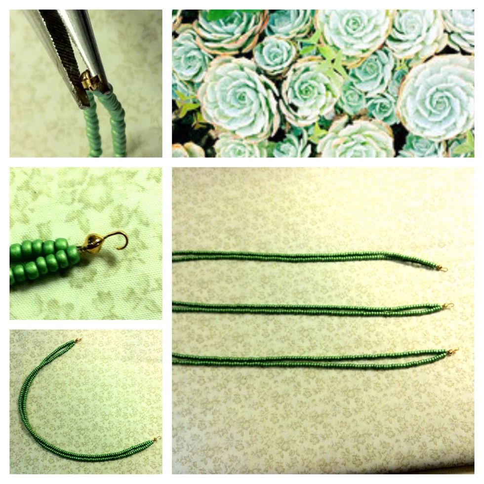 Close the pinch catch. Do the same steps for the other strands, so that you have three beaded strands at the end.