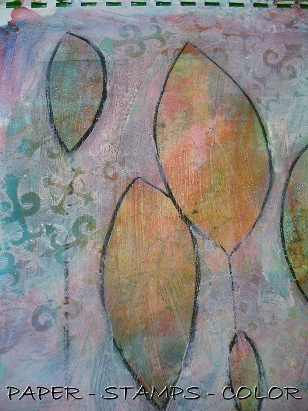 Close up of a part where I've used the gothic stencil to remove some of the gesso.