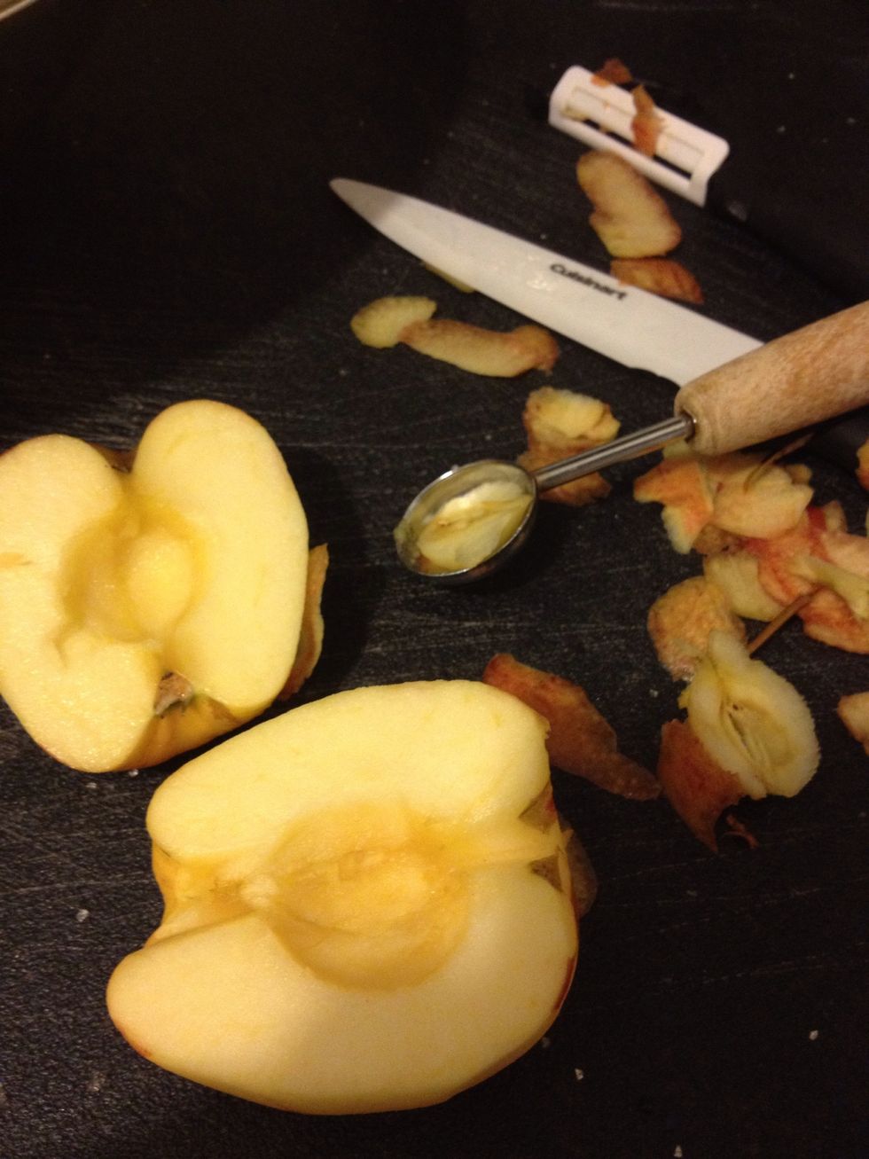 Close up of cored apples. My corer is a melon baller my grandmother gave me. It's probably over 30 years old.