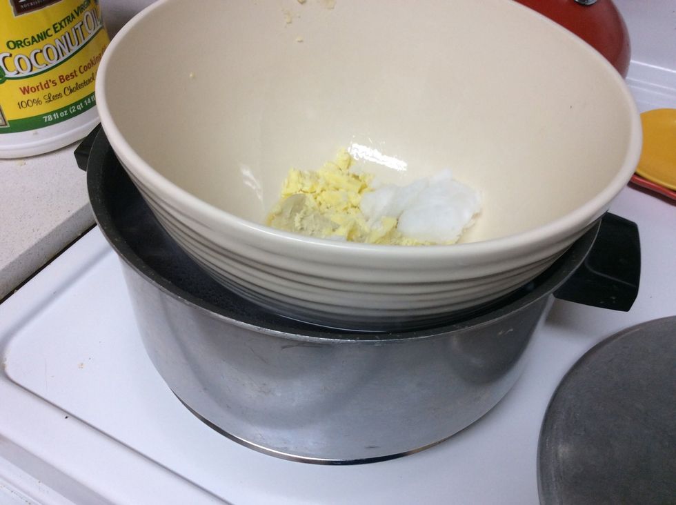 Close up of my "double boiler." Just a pot filled halfway with water and my big bowl. A smaller container would heat faster, but I was able to use this bowl for the whole process which was nice.