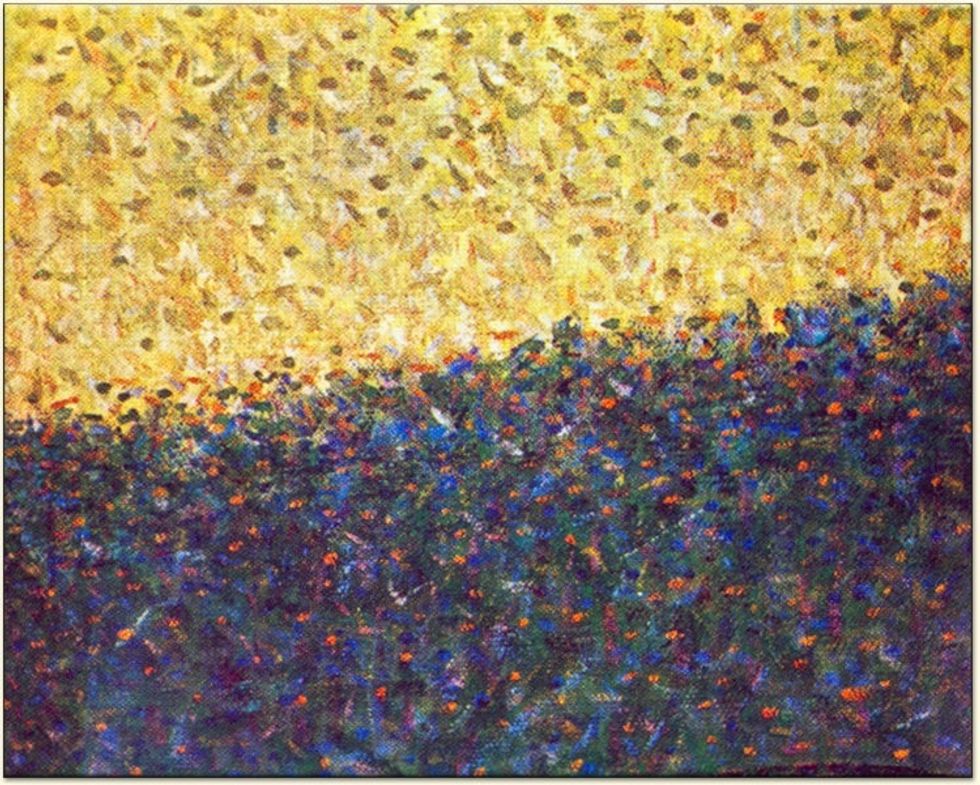 Close up of Seurat's painting "La Parade de Cirque" Notice how there are several different INDIVIDUAL colors that the eye mixes to create one large area of color. Who else used this technique???