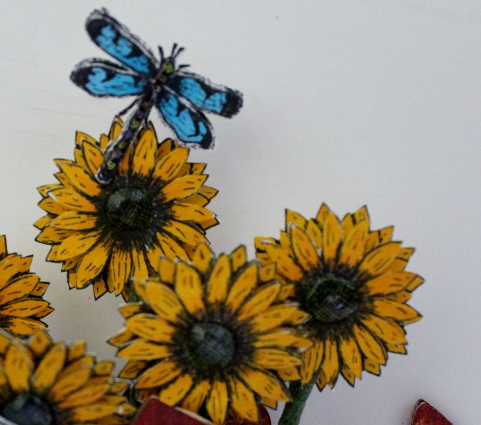 Closer look at the sunflowers and dragonflies