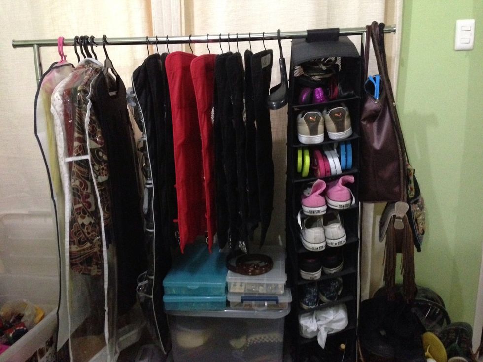 Clothes rack with accessories,shoes and clothes can turn into a wardrobe closet by using a canvass cloth or any light fabric material.