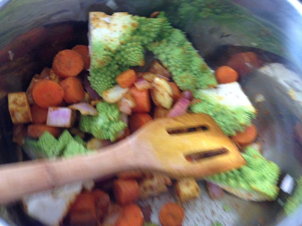 Coarsely chop and add cauliflower. In this case today, I had romanesco This is the key for the creaminess of the soup!