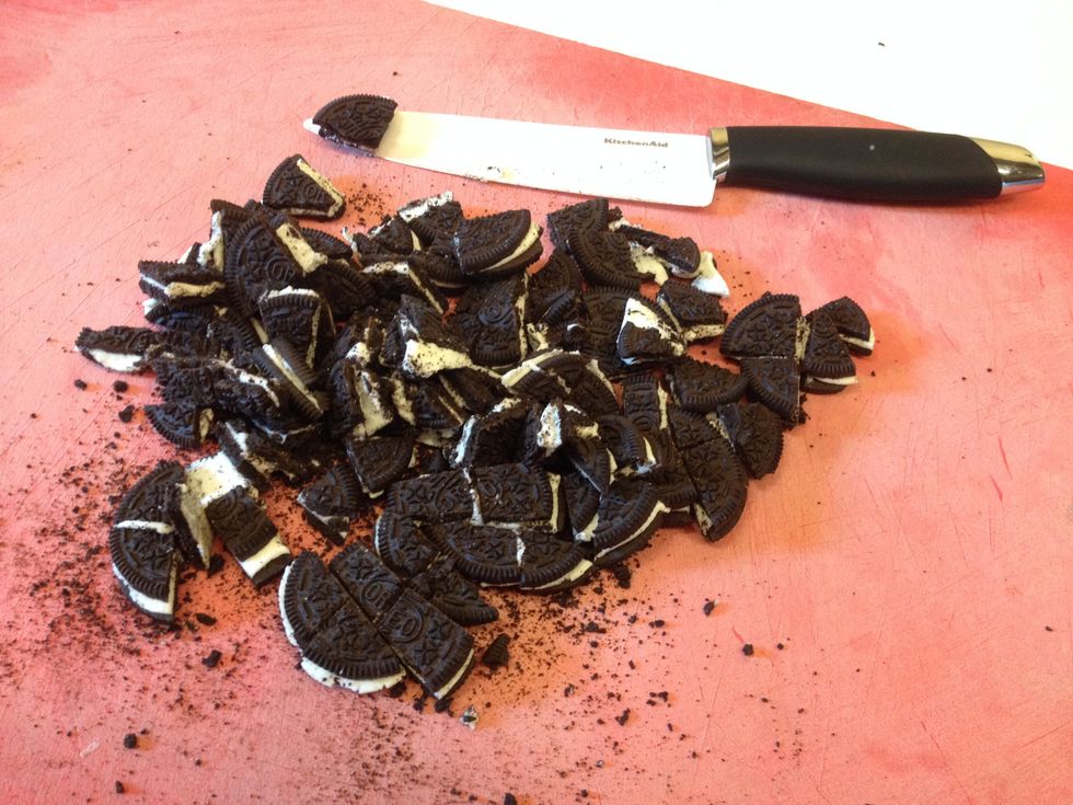 Coarsely chop the Oreos. You'll want about one cup.