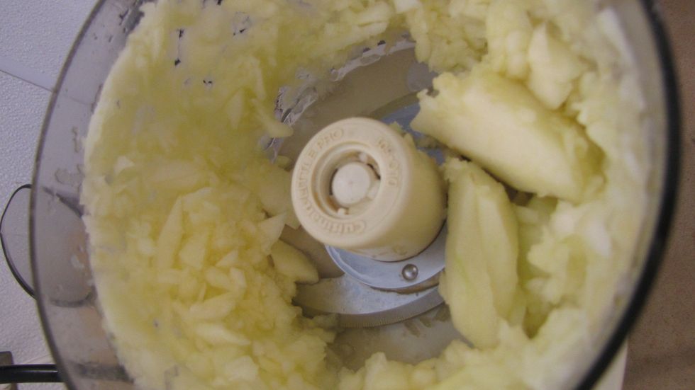 Coarsely shred with food processor or dice by hand and return to ascorbic acid bath.