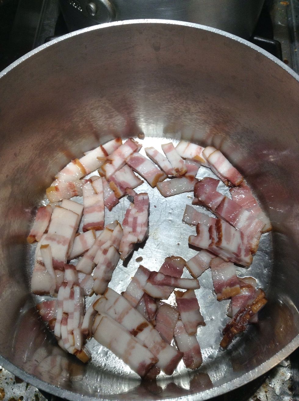 Coarsely slice bacon into 1/4 to 1/2 inch strips. Spray bottom of deep sauce pan with cooking spray. Cook bacon at medium heat, until it begins to brown stirring every couple of minutes.