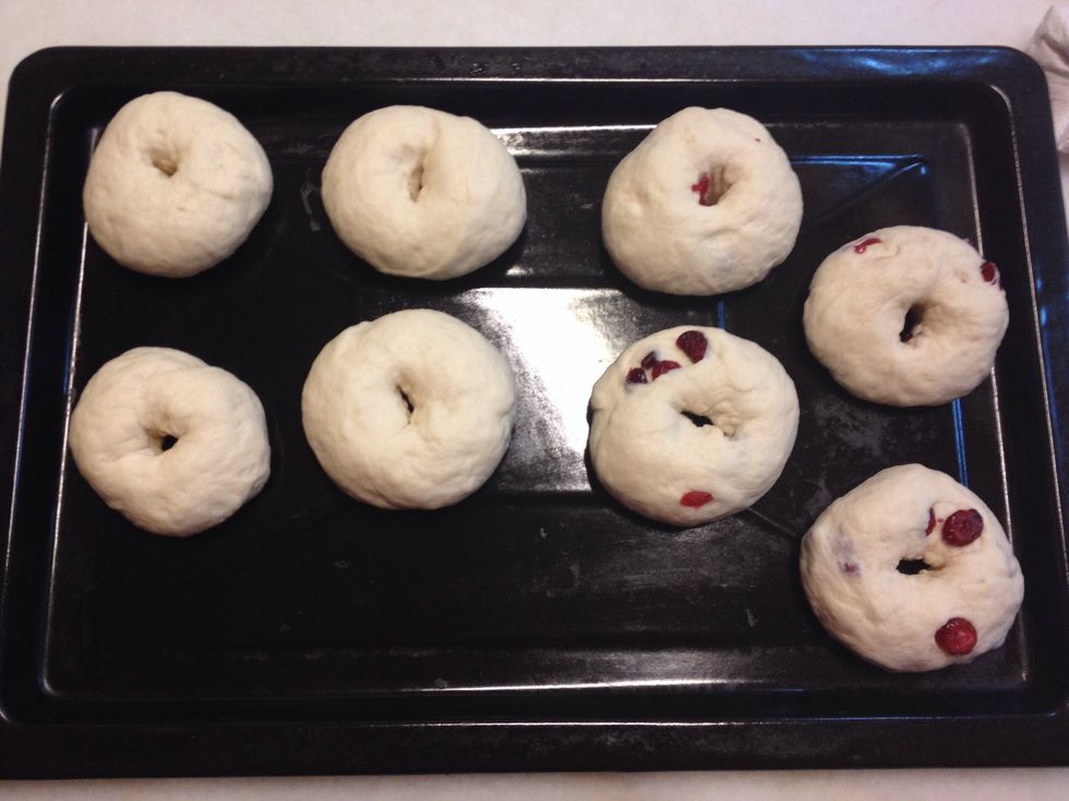 Coat a finger in flour and gently press your finger into the center of each dough ball. Stretch the ring to about 1/3 the diameter of the bagel and place it on a lightly oiled cookie sheet.