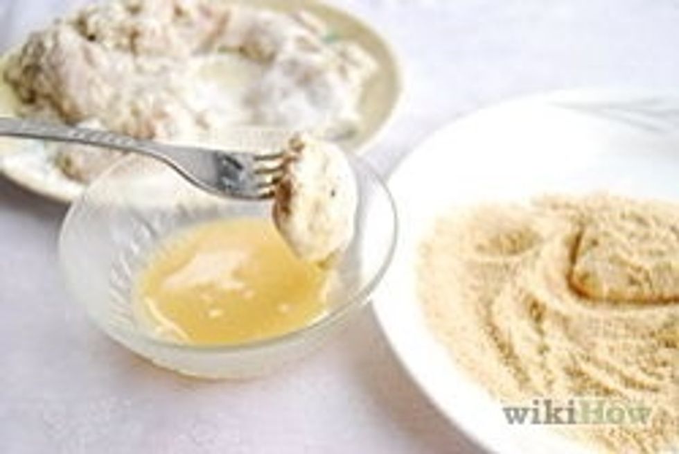 Coat each chicken piece well with flour then dip in egg an press in bread crumbs.( refrigerate until frying time)
