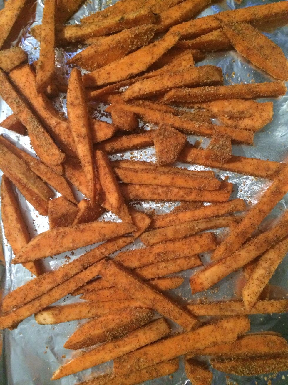 Coat fries with olive oil and mix into your "pie" mix. (You can also have your fries more plan with salt and pepper).