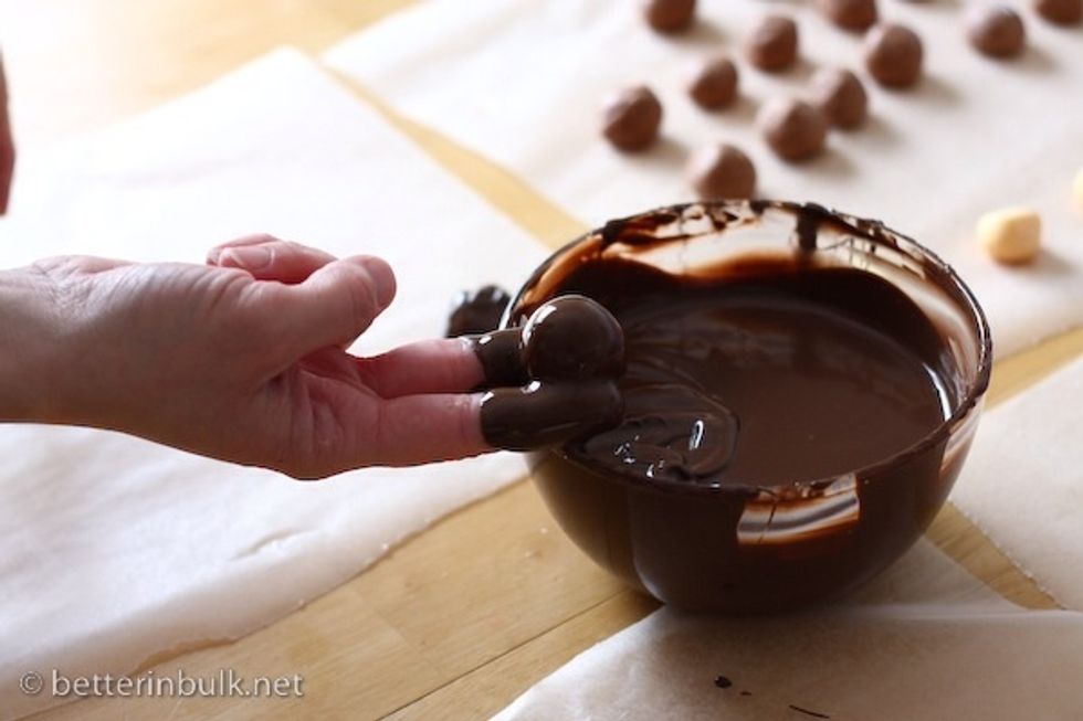 Coat in melted chocolate, dust in cocoa or what ever you like.