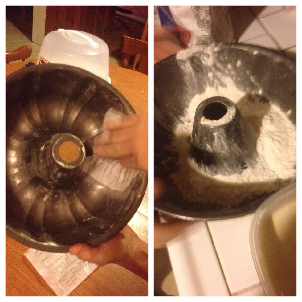 Coat pan with the butter wrappers and flour so the cake won't stick