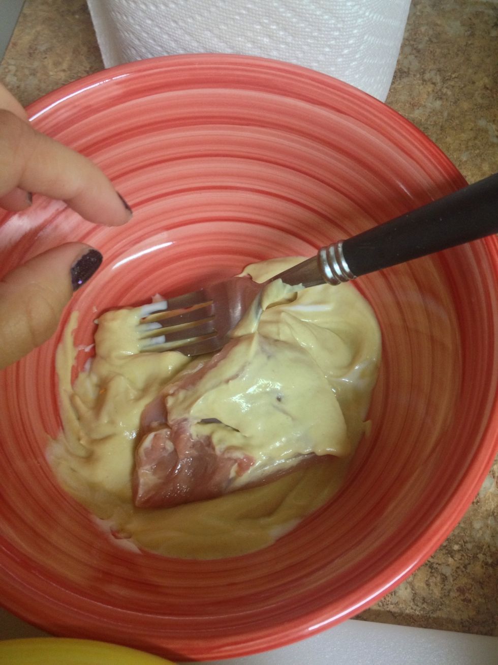 Coat the chicken in the mayo-Dijon mix.
