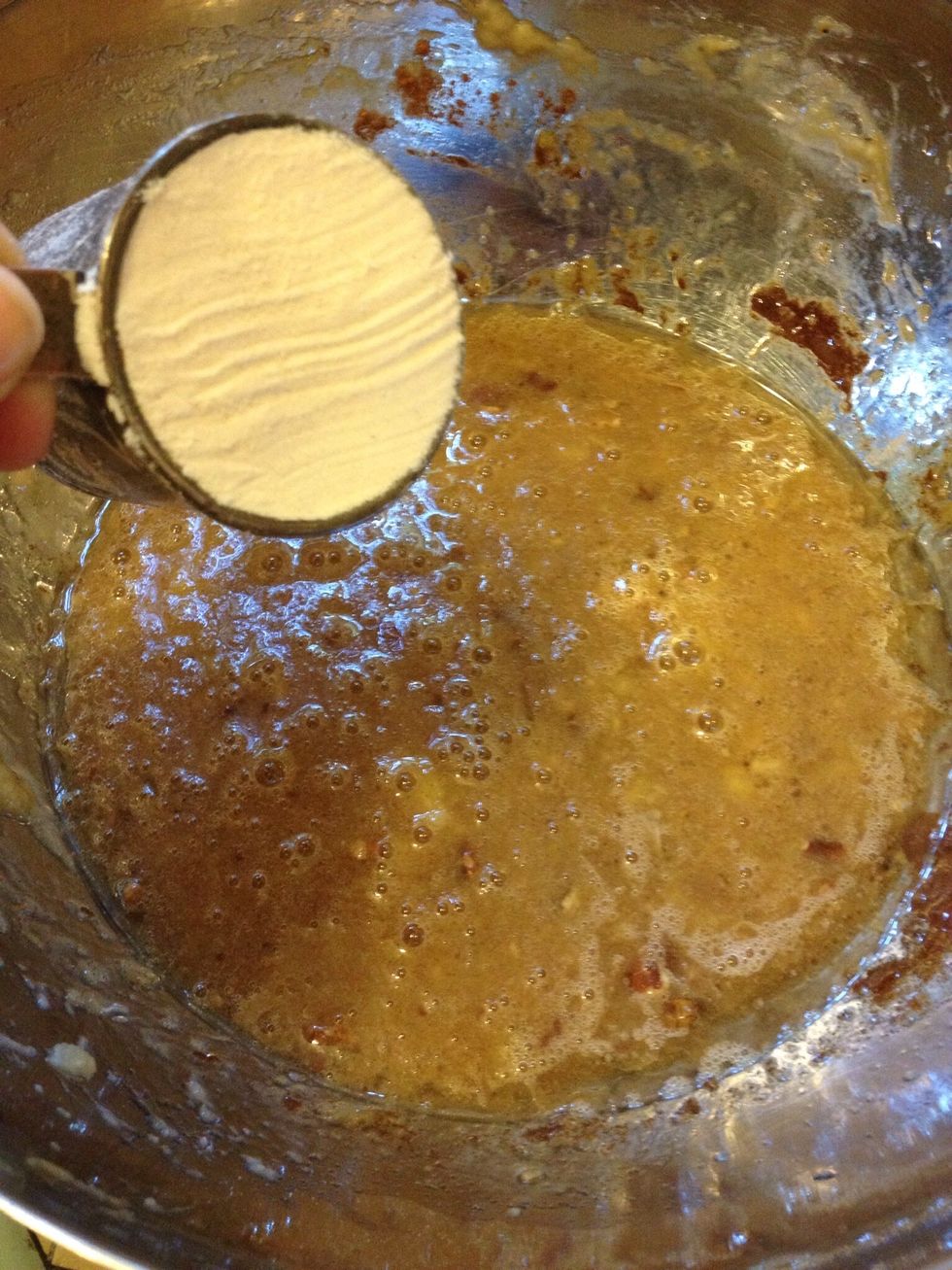 Coconut flour congeals and thickens up quickly, so you want to stir it in as soon as you dump it and use a wire whisk so it doesn't clump up on a spoon or in the batter. Only 1/3 cup is needed!