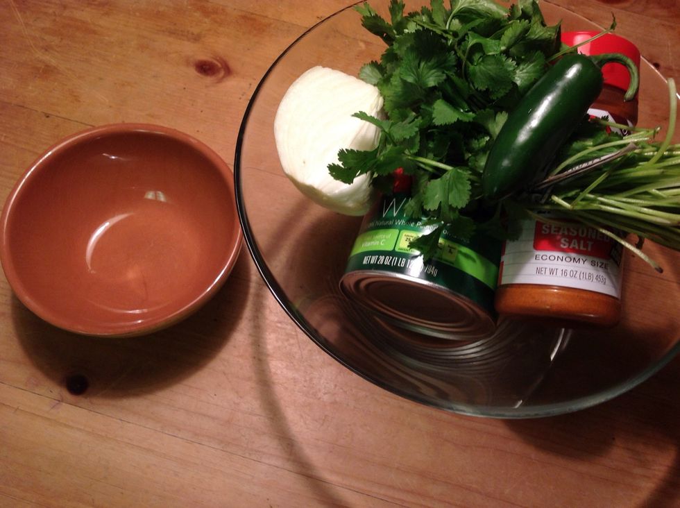 Collect all ingredients, wash Cilantro and Jalape\u00f1o. Cut jalape\u00f1o in half and tongue test for heat. Some jalape\u00f1os are hot, some are not. Life is a journey too.