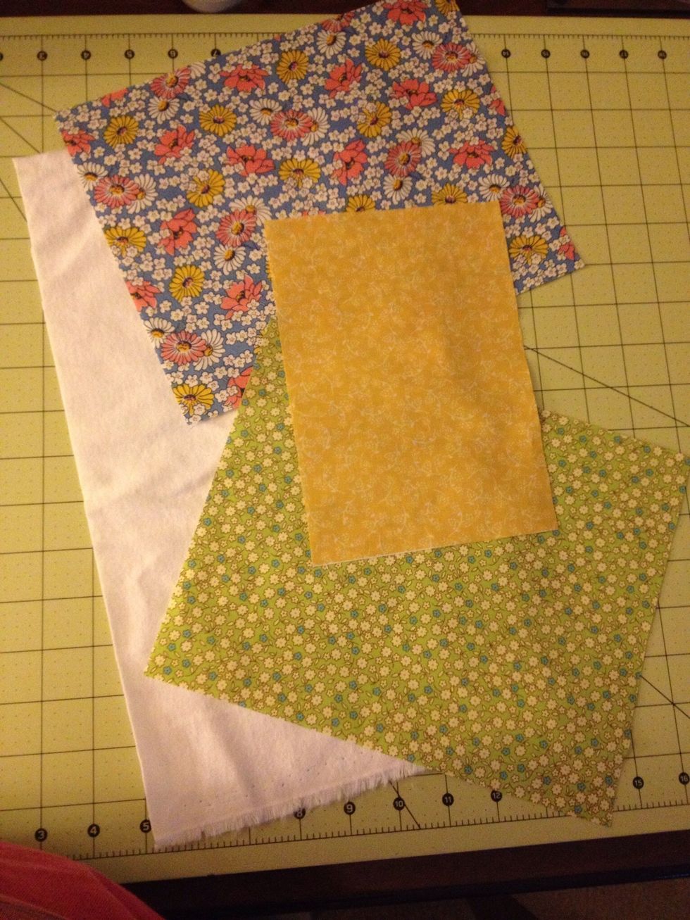 Collect all of your supplies and cut your fabric to the given measurements. I used 3 different patterns of the lightweight fabric but you could use the same fabric for all 3 pieces if you wish.
