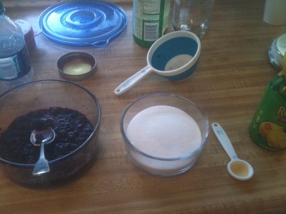 Collect supplies. 2 cups blackberries, 2 cups sugar, 2 teaspoons lemon juice
