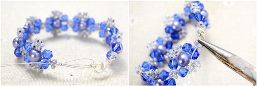 Collect two wire ends, string one crimp bead, pass through the other jumpring on clasp. Pull the wire snugly and then squeeze the crimp bead by using pliers.