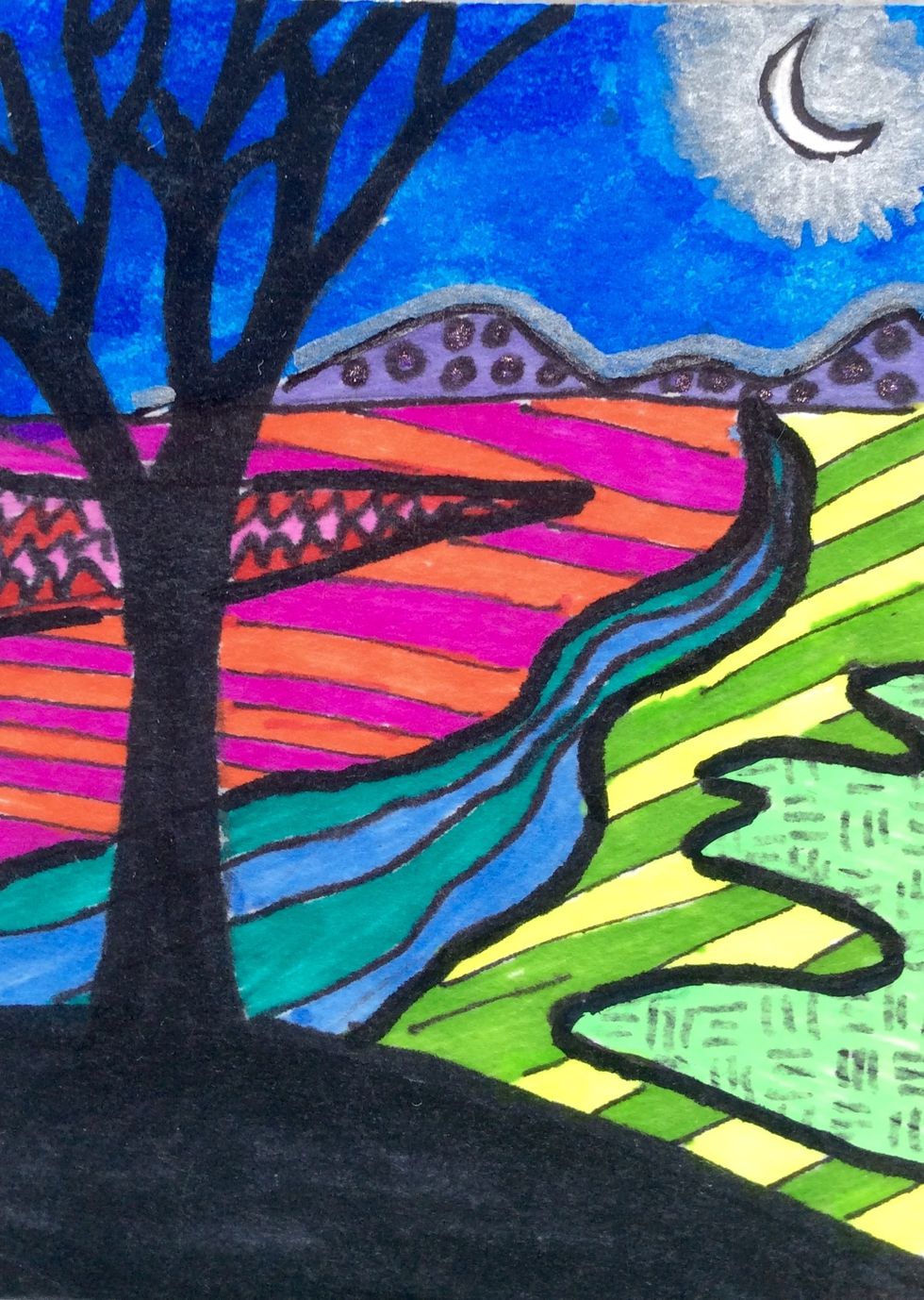 Color it with markers and gel pens. Each pattern should have two or more colors. Don't forget to color the sky!