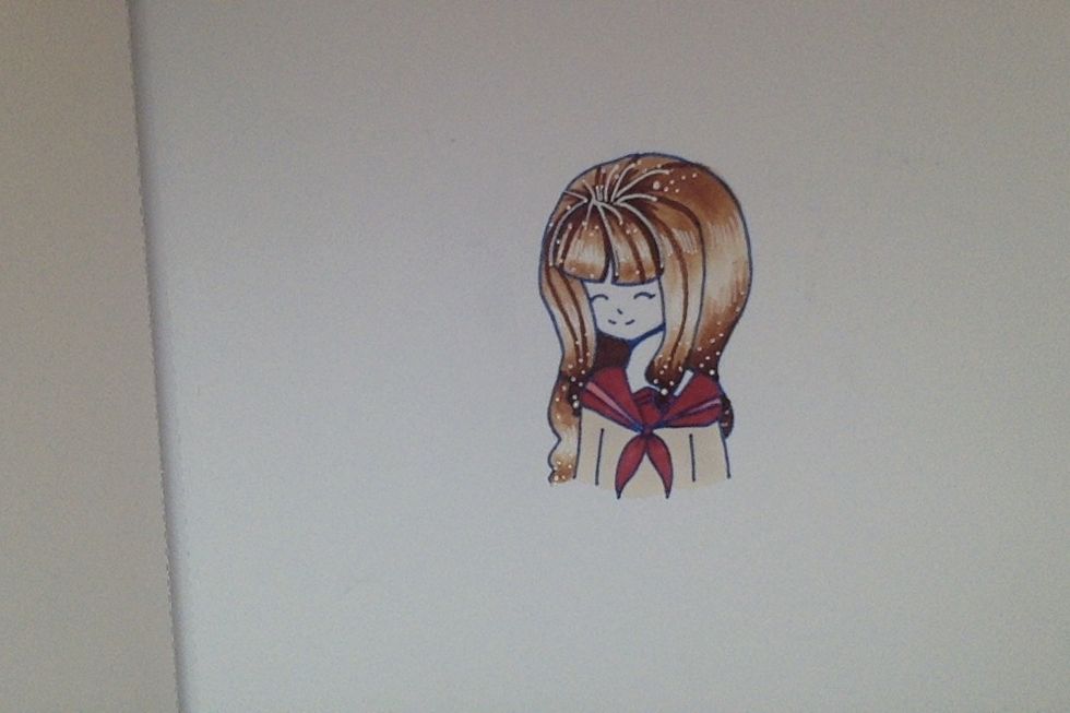 Color the base colors of your outfit/shirt. (I used R46(red), R43(lighter red), and E000(white/tan) copic markers for the shirt)