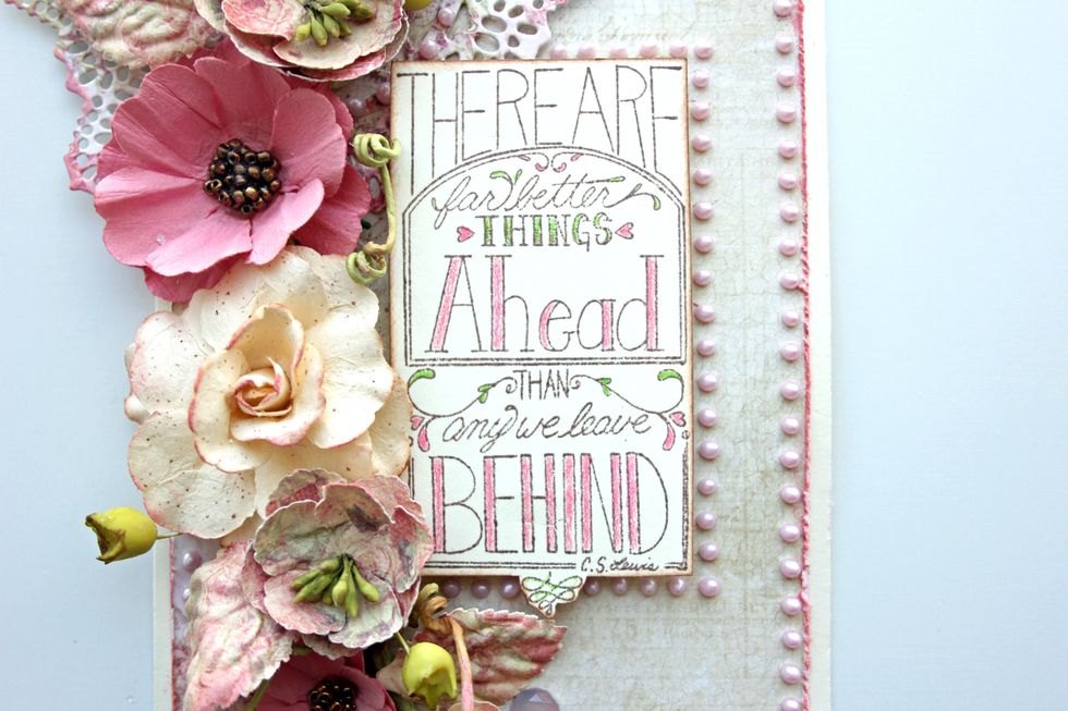 Color the sentiment letters and flourishes using colored pencils or markers.