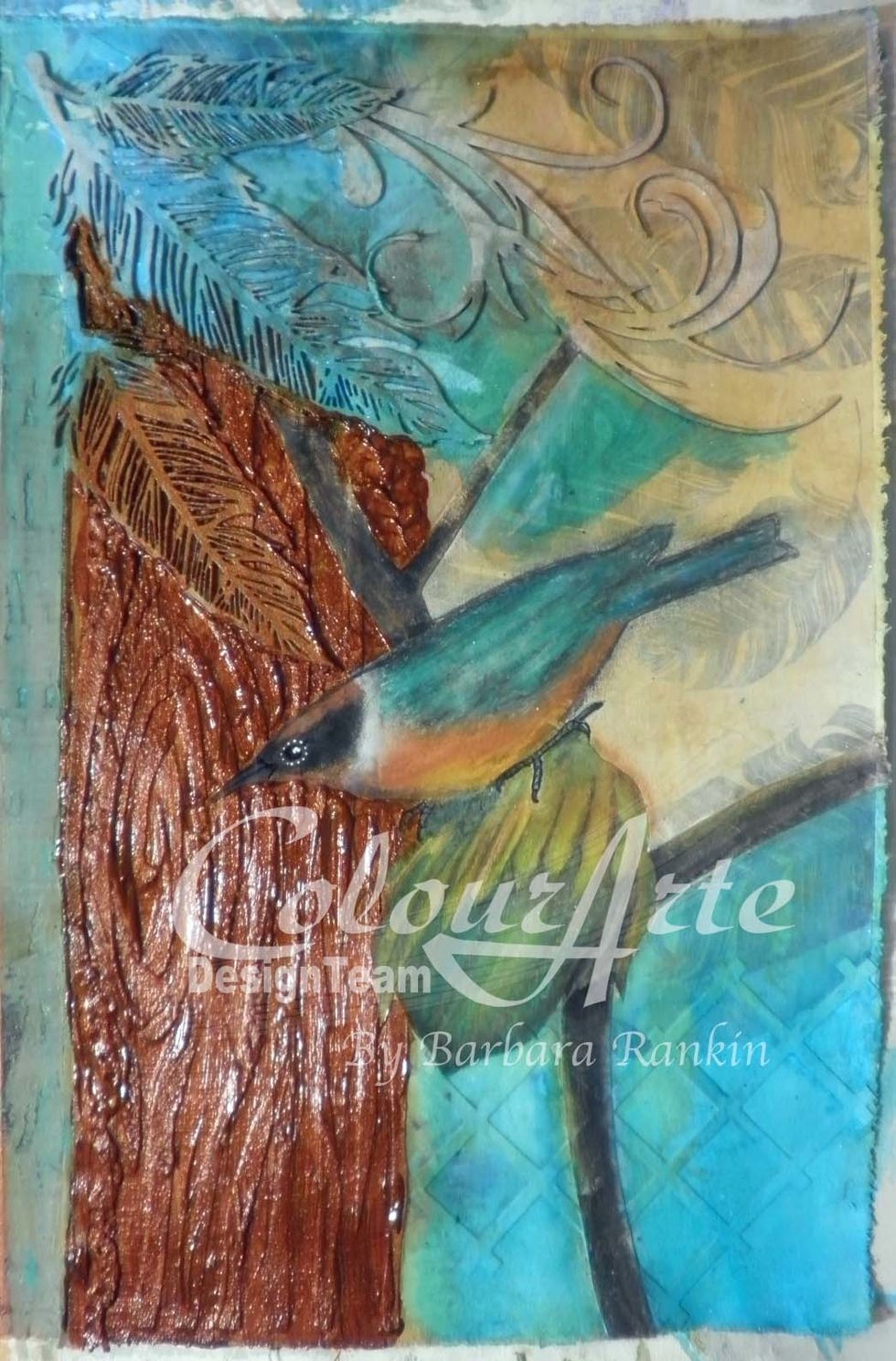 Color the wood grain stenciled area with Autumn Leaf Radiant Gel dimensional paint.