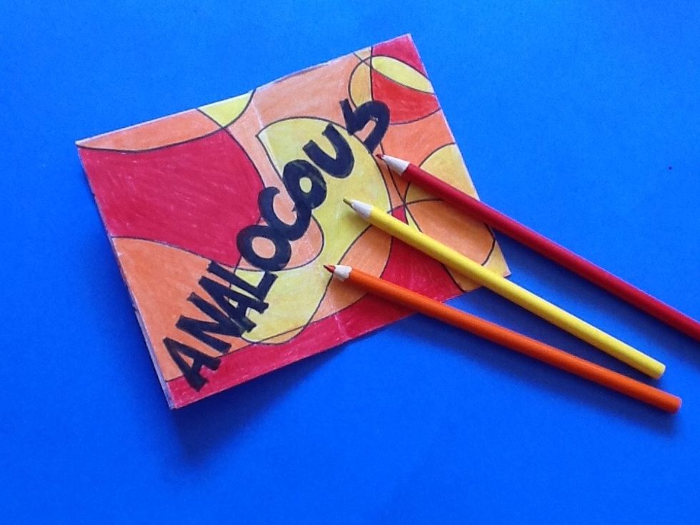 Color using analogous colors. Analogous colors are families of colors because the same primary colors are used to make them. In this example, the orange family of colors are used.