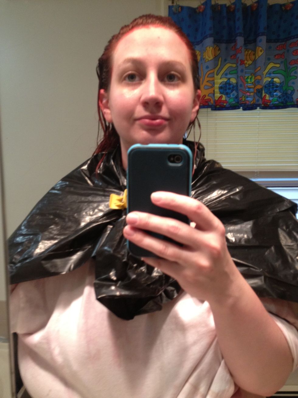 Color your hair. Wait the recommended time on the instructions.