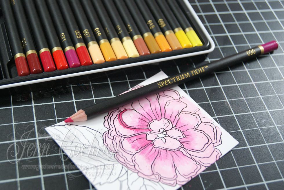 Color your image with a light color.  I used Spectrum Noir Alcohol Marker PP2.  Then add shading with the following SN Colored Pencils: 12, 30, 31, 36, 41, 50, 52, 96.