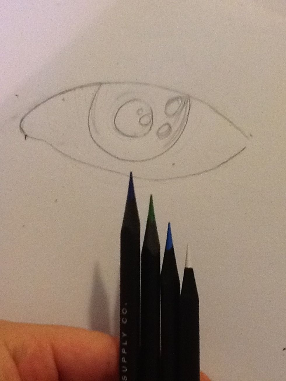 COLORING TIME!!!... Get 4+ colored pencils, I'm using dark blue, green, light blue and white. I recommend using white and having a black on hand