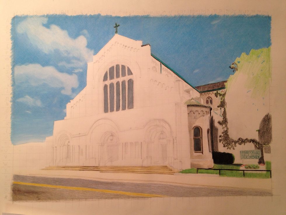 Colorless blender on front windows, and starting on the edges of the tree filling in windows on the side