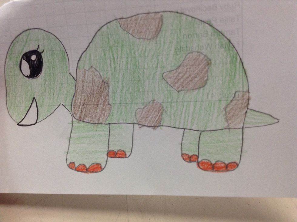 Colour it in with your green and brown pencil and enjoy your turtle.