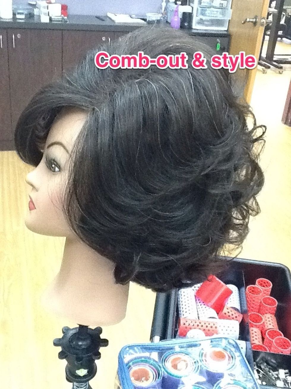 Comb-out finished look. Spray with holding or finishing spray (optional).