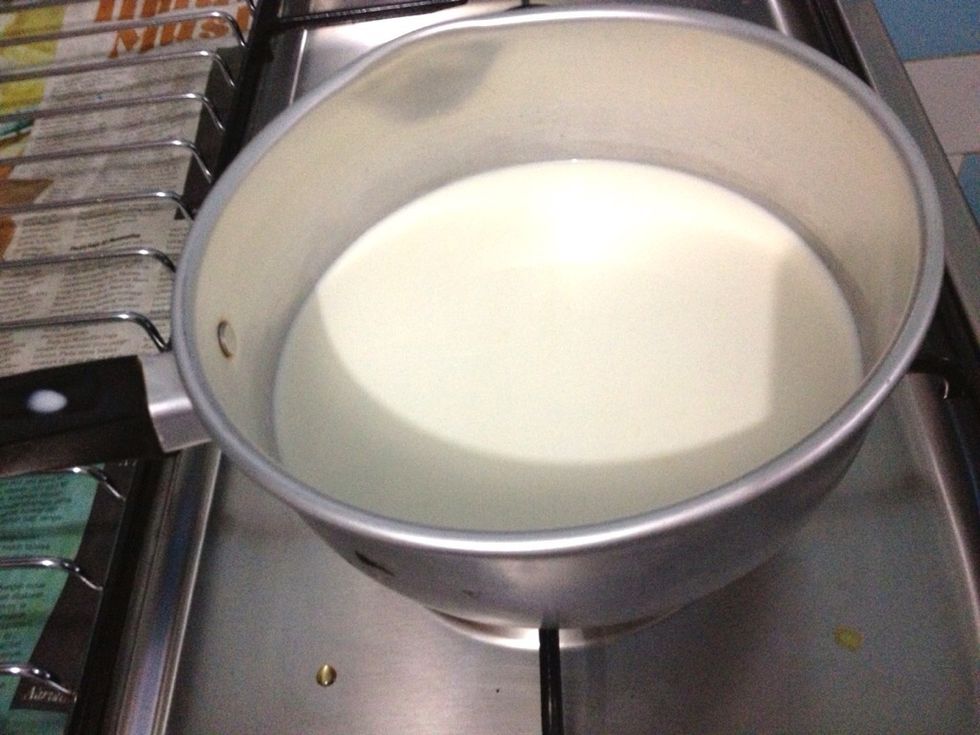 Combine 1 1/4 cups of whole milk, 1/2 cup of heavy cream (or half and half), 1 cup of sugar. Bring to a rolling boil over medium-high heat. Boil for 3 mnts.