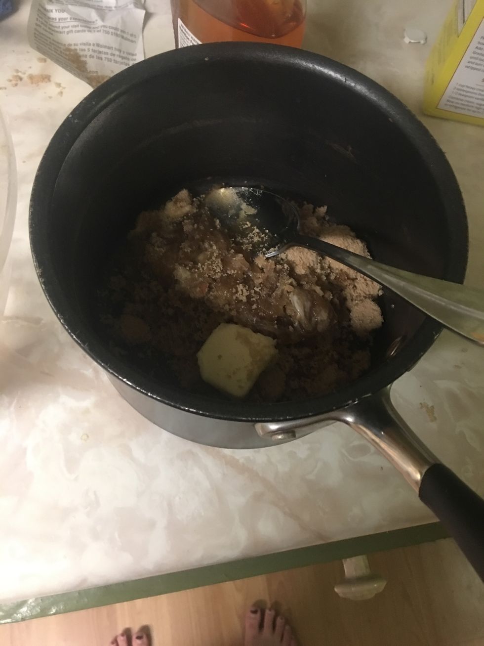Combine 1/3 cup brown sugar, 3 teaspoons of melted butter and 3 tablespoons of Honey. Cook over low heat in sauce pan for 2 min