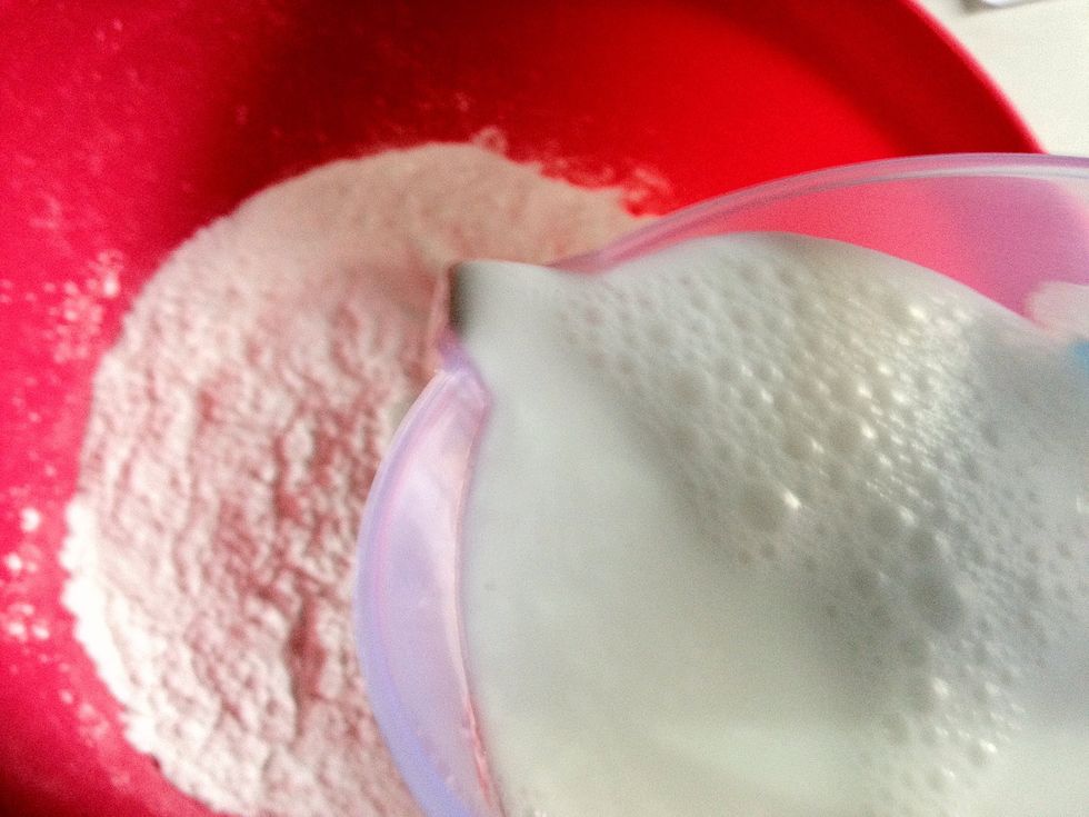 Combine 100gr of rice flour with 1 cup of coconut milk mixture in a separate bowl