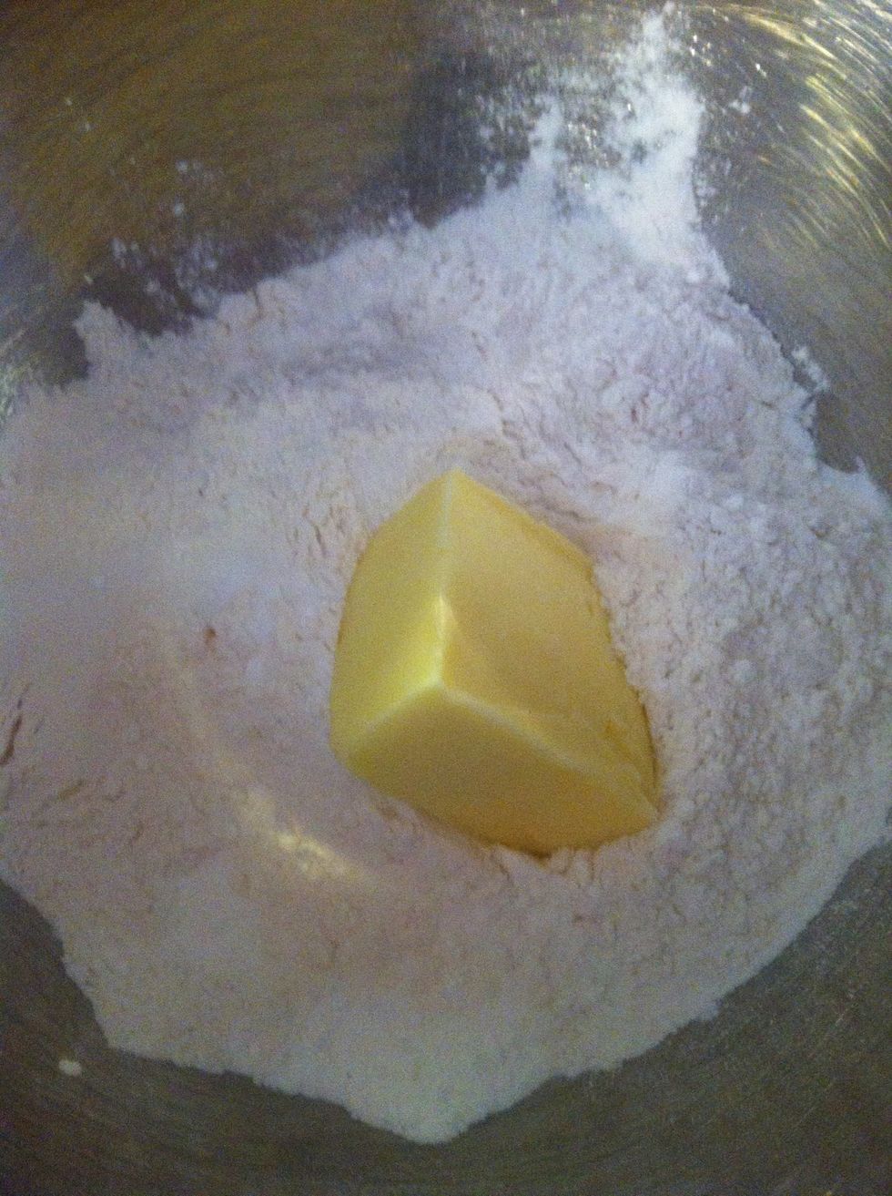Combine 3 c flour, 1/4 c sugar, 4 tsp baking powder and 1 tsp baking soda.