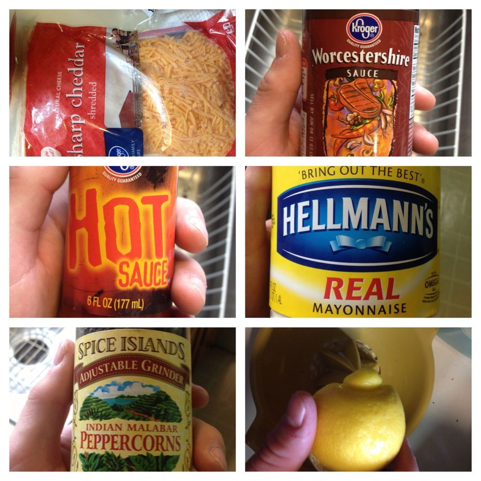 Combine all ingredients: 1/2 small lemon squeezed,  A few spins of pepper (to taste). 6 dashes of each hot sauce-Worcestershire sauce. 1c sharp cheddar cheese. 4-6 tbls  mayo for desired moisture.