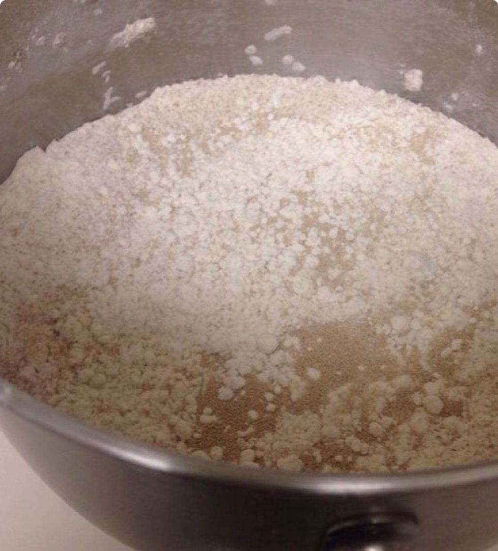 Combine all ingredients and mix until you get a smooth dough. Cover and let rise till doubled in size, 40 min to an hour. If using hand, dough needs to be kneaded for 5 min.