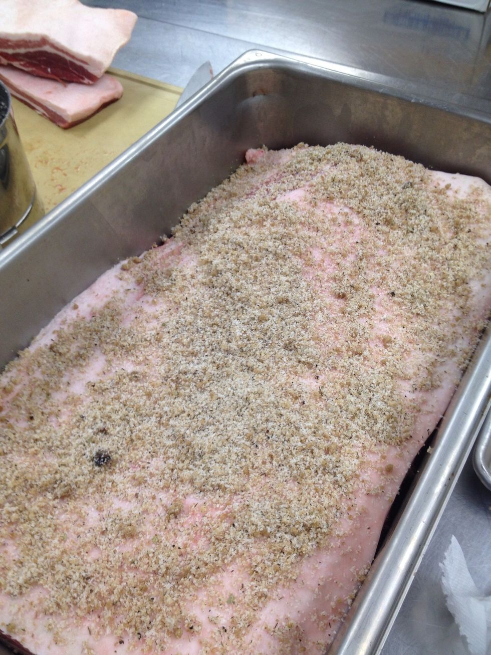 Combine all ingredients in robot coupe. Pack mixture around belly. Cure in the refer covered until firm about 4-6 weeks. You may have to drain off water and add more cure