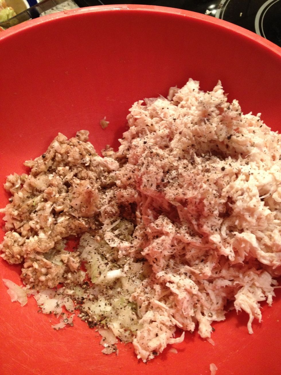 Combine all ingredients into a mixing bowl and add salt and pepper. Mix well.