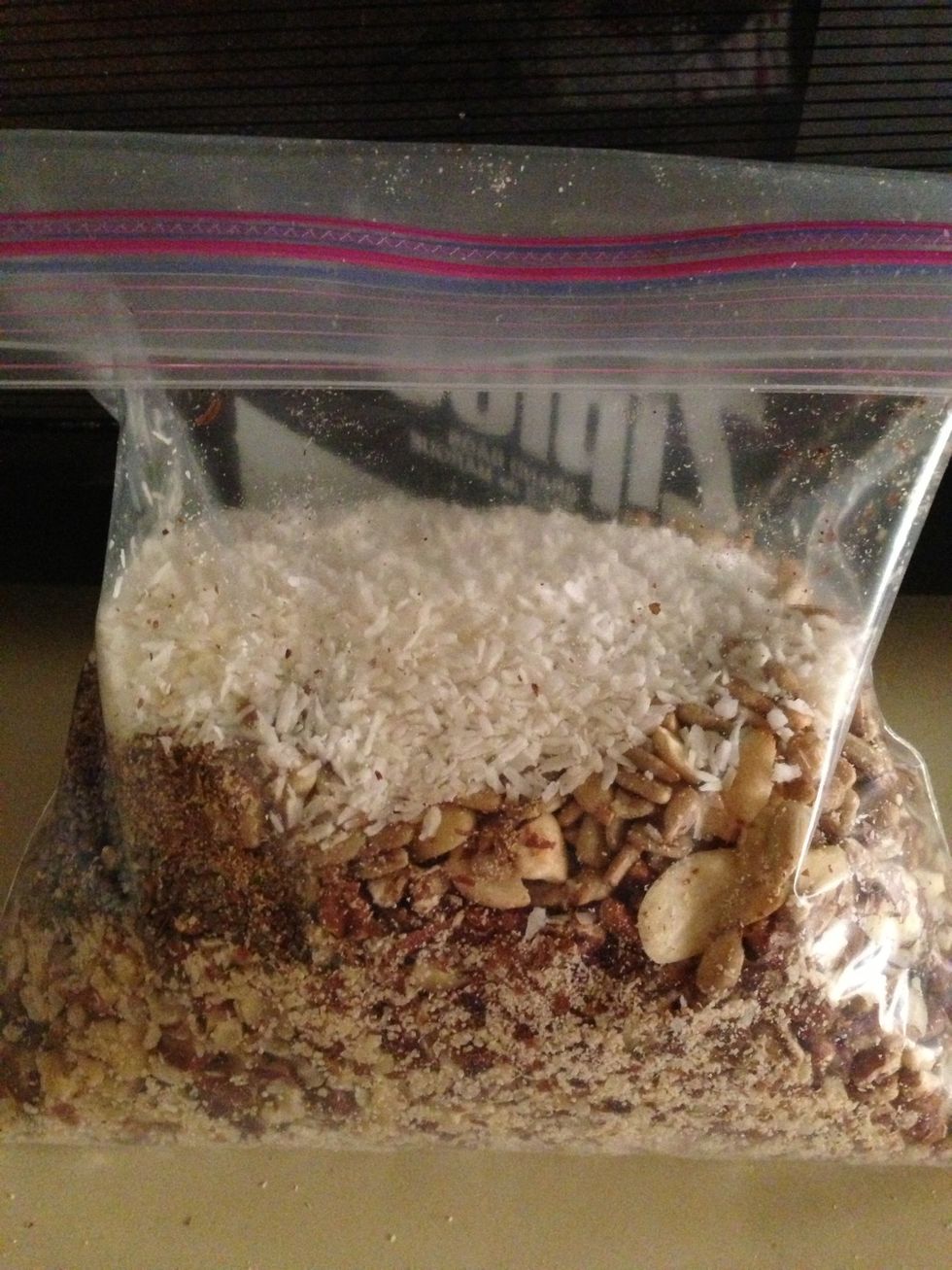 Combine all the nuts, sunflower seeds, chai seed, flaxseed, shredded coconut in a ziplock bag and use a rolling pin to crush them. You can use a processor too but I like my nuts more texture.
